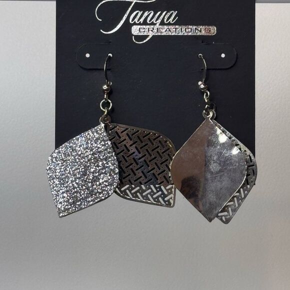 Silver Geometric Textured Earrings with Hook Design 2.25 inch - Picture 2 of 3